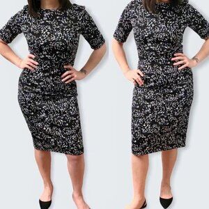 White House Black Market Black, Blue & White Abstract Print Scuba Sheath Dress